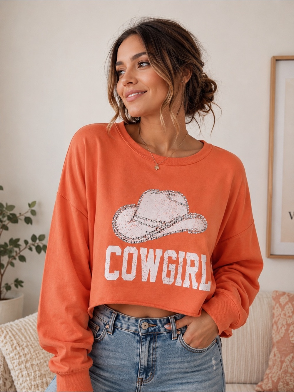 Peach Love California Orange Cowgirl Rhinestone Sweatshirt